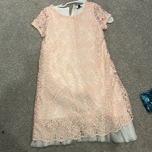 Zunie girl formal white mini dress with baby pink flower embroidery pattern